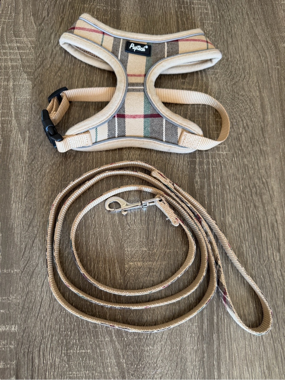 Beige Plaid Small Dog Harness & Leash Set